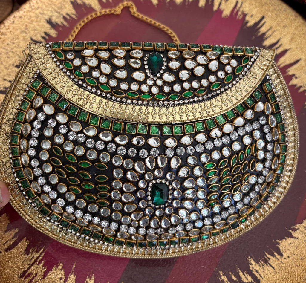 Vintage Kundan Handbag | Gold Green Embossed Metal Clutch for Indian Weddings