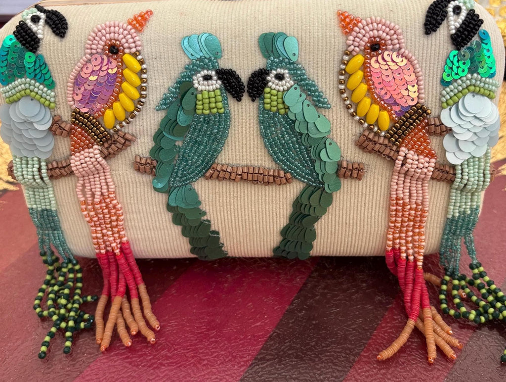 Beaded Bird Clutch Bag | Embroidered Evening Purse, Nature Inspired Ivory Fabric