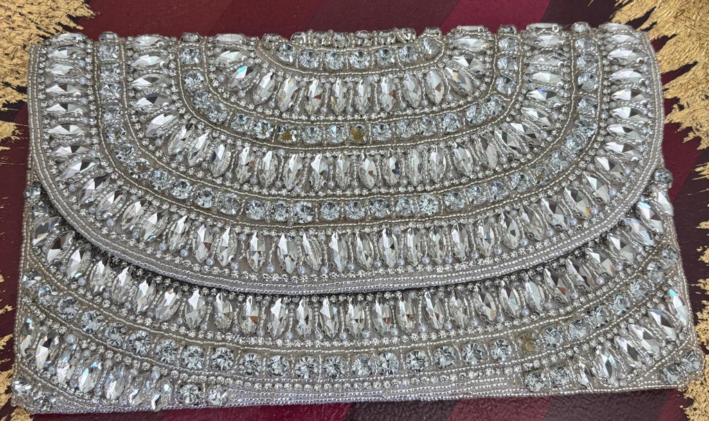 White Silver Crystal Clutch | Rhinestone Embellished Evening Bag | Bridal Purse