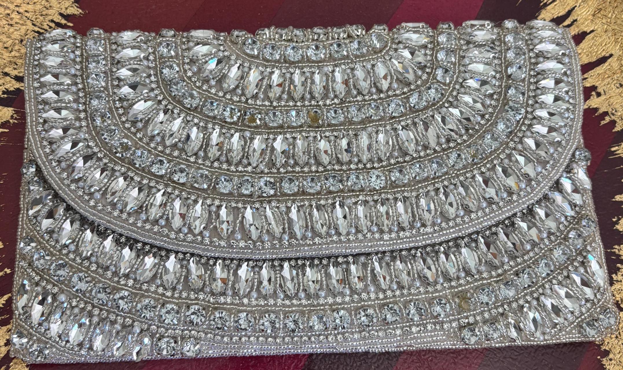 White Silver Crystal Clutch | Rhinestone Embellished Evening Bag | Bridal Purse