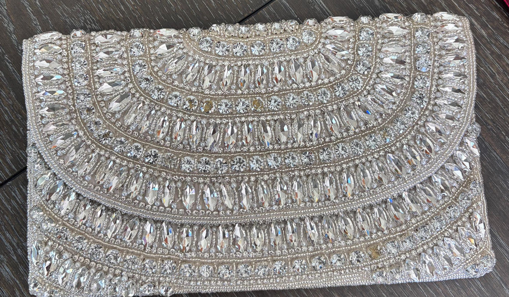 White Silver Crystal Clutch | Rhinestone Embellished Evening Bag | Bridal Purse