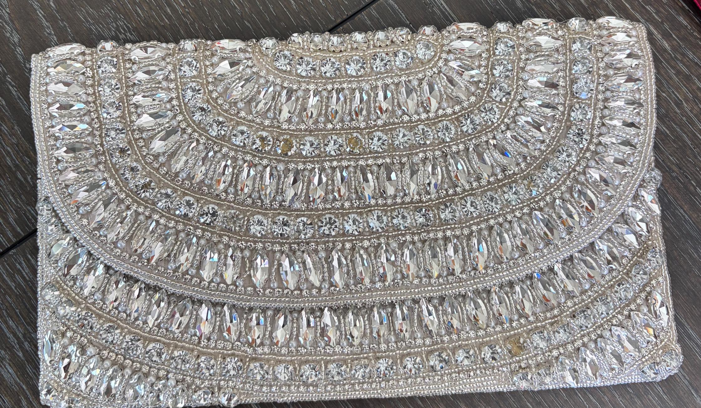 White Silver Crystal Clutch | Rhinestone Embellished Evening Bag | Bridal Purse