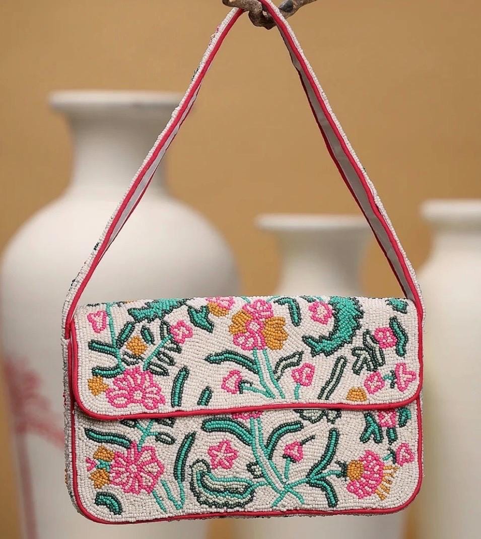 Hand Beaded Floral Shoulder Bag| Pink Green Flower Purse, Beaded Handbag| Statement Bag|Wedding Guest Purse, Gift for Her