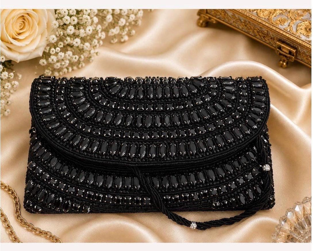 Black Crystal Clutch | Rhinestone Embellished Evening Bag | Bridal Purse
