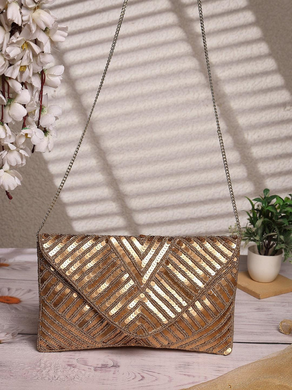 Gold Sequin Chevron Clutch Bag | Beaded Evening Envelope Purse (Handmade)