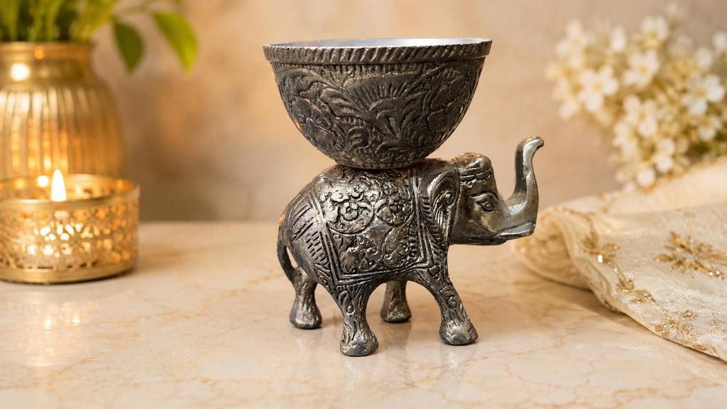German Silver Elephant Urli Bowl | Handcrafted Embossed Indian Home Decor