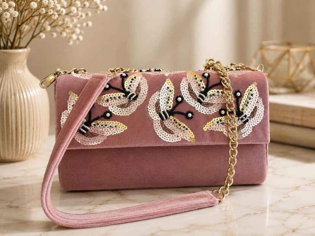 Pink Velvet Sequin Sling Bag | Beaded Evening Clutch, Gold Chain Purse
