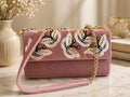 Pink Velvet Sequin Sling Bag | Beaded Evening Clutch, Gold Chain Purse