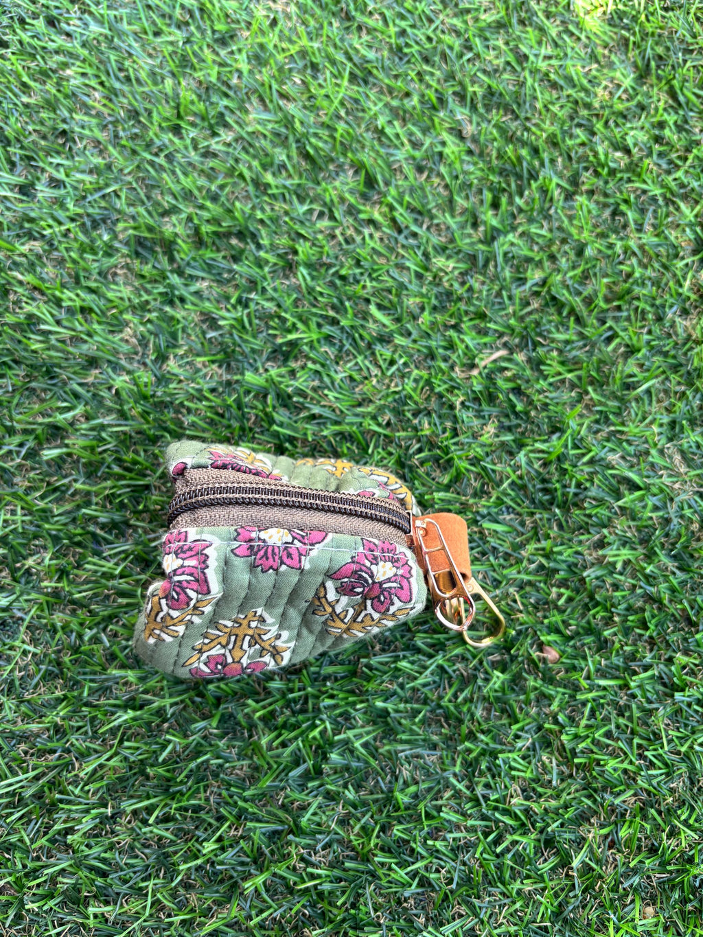 Hand Block Print Quilted Cotton Mini Pouch Keychain, Floral Earphone Case
