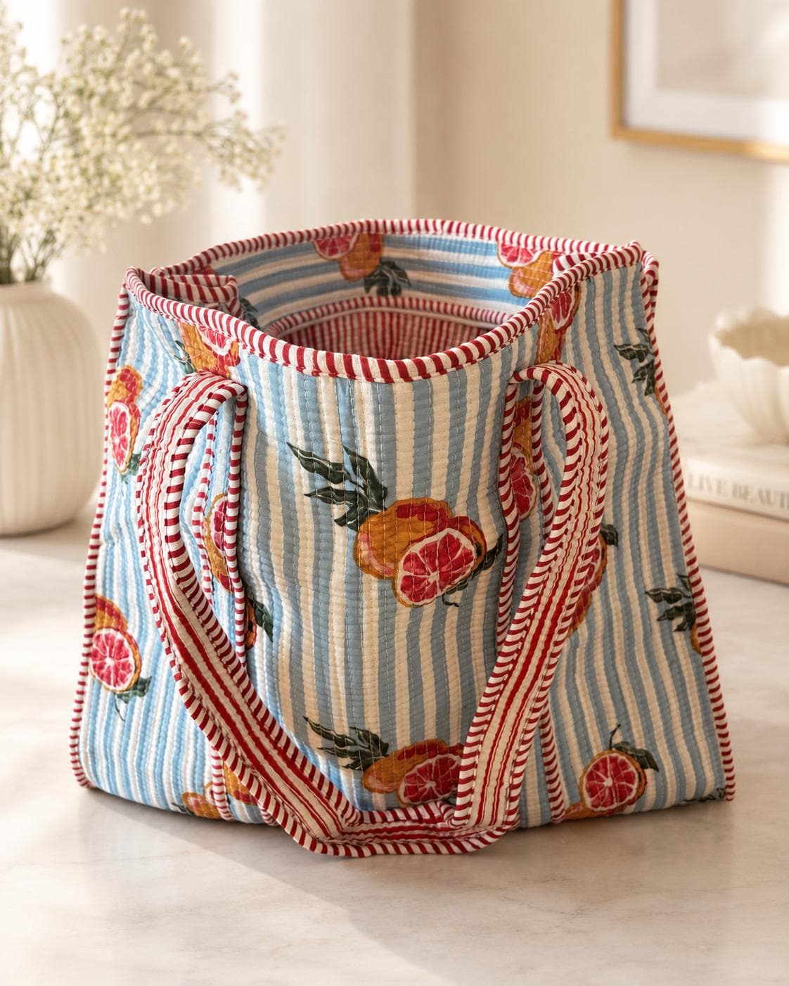 Quilted Cotton Tote Bag | Hand Block Print Shopper, Multicolor, 18*18 inches