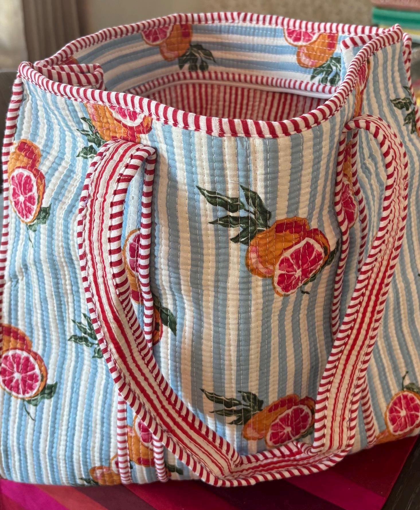 Quilted Cotton Tote Bag | Hand Block Print Shopper, Multicolor, 18*18 inches