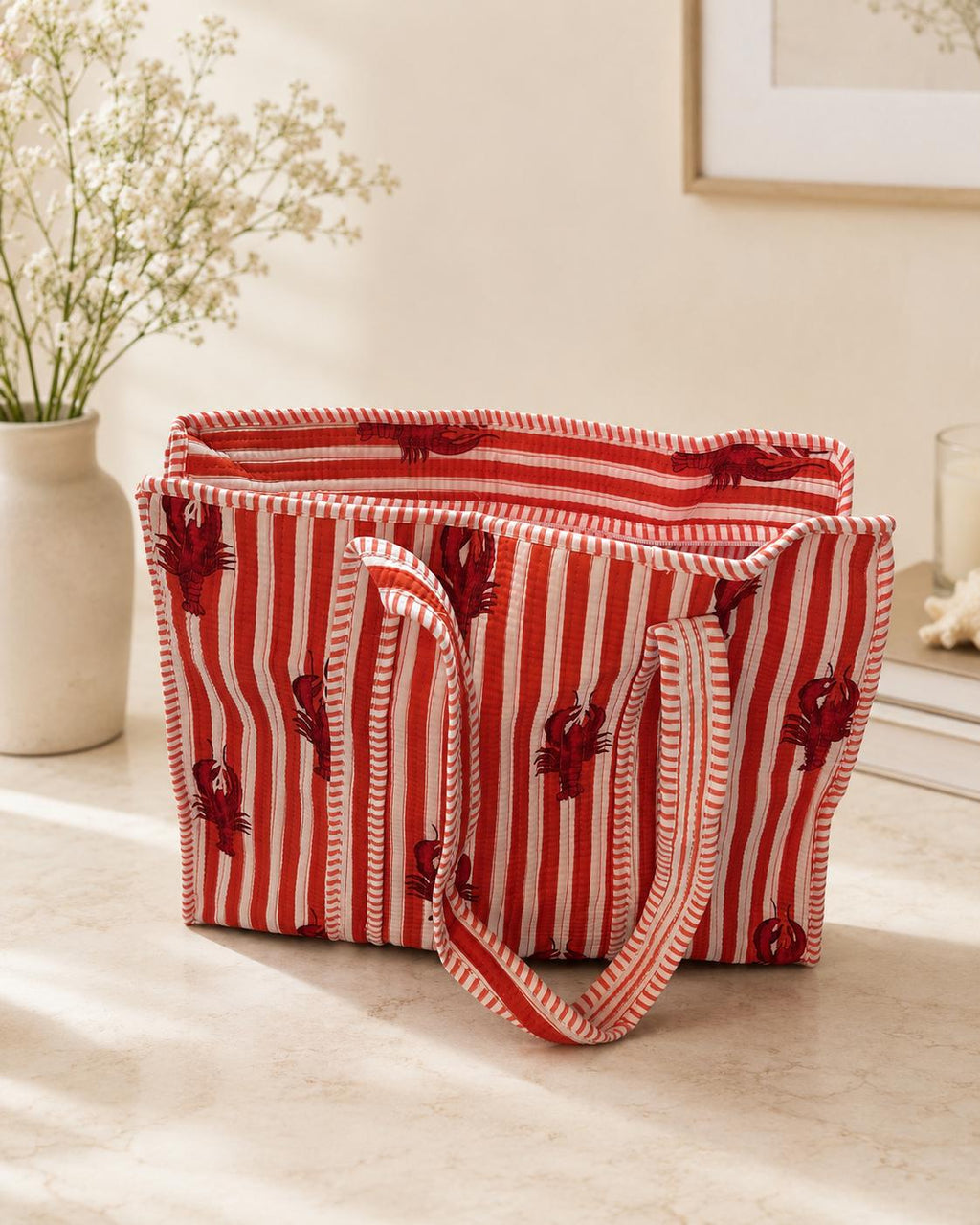 Red Lobster Print Tote Bag | Cotton Quilted, Eco Friendly Everyday Bag