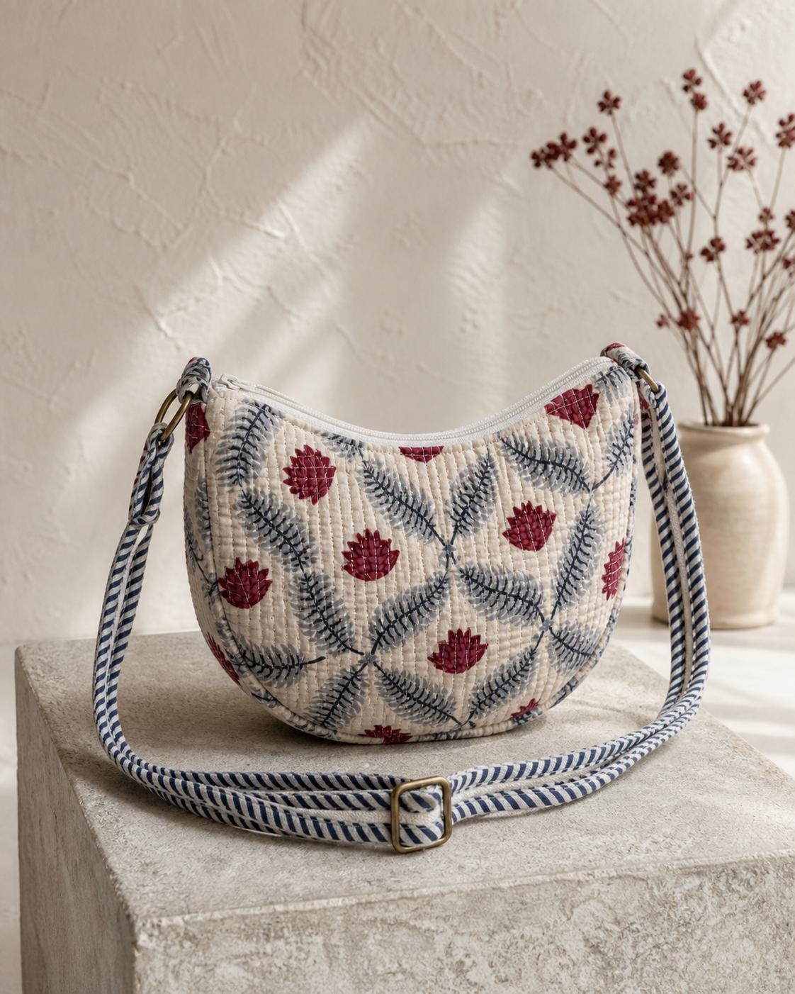 Quilted Cotton Crossbody Bag, Artisan Block Printed Sling Purse