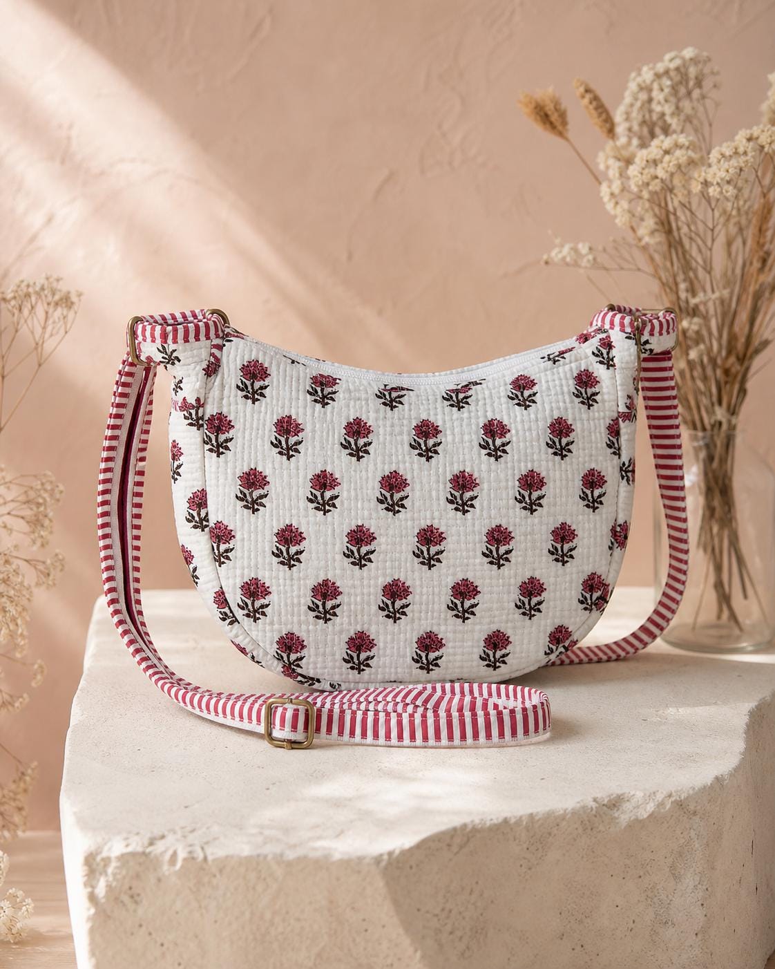 Quilted Cotton Crossbody Bag, Artisan Block Printed Sling Purse
