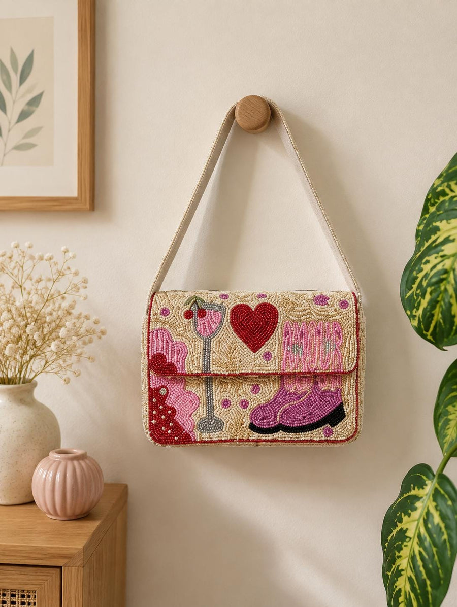 Beaded Shoulder Bag | Cocktail, Cowboy Boots, Heart Design | Glass Seed Beads Purse