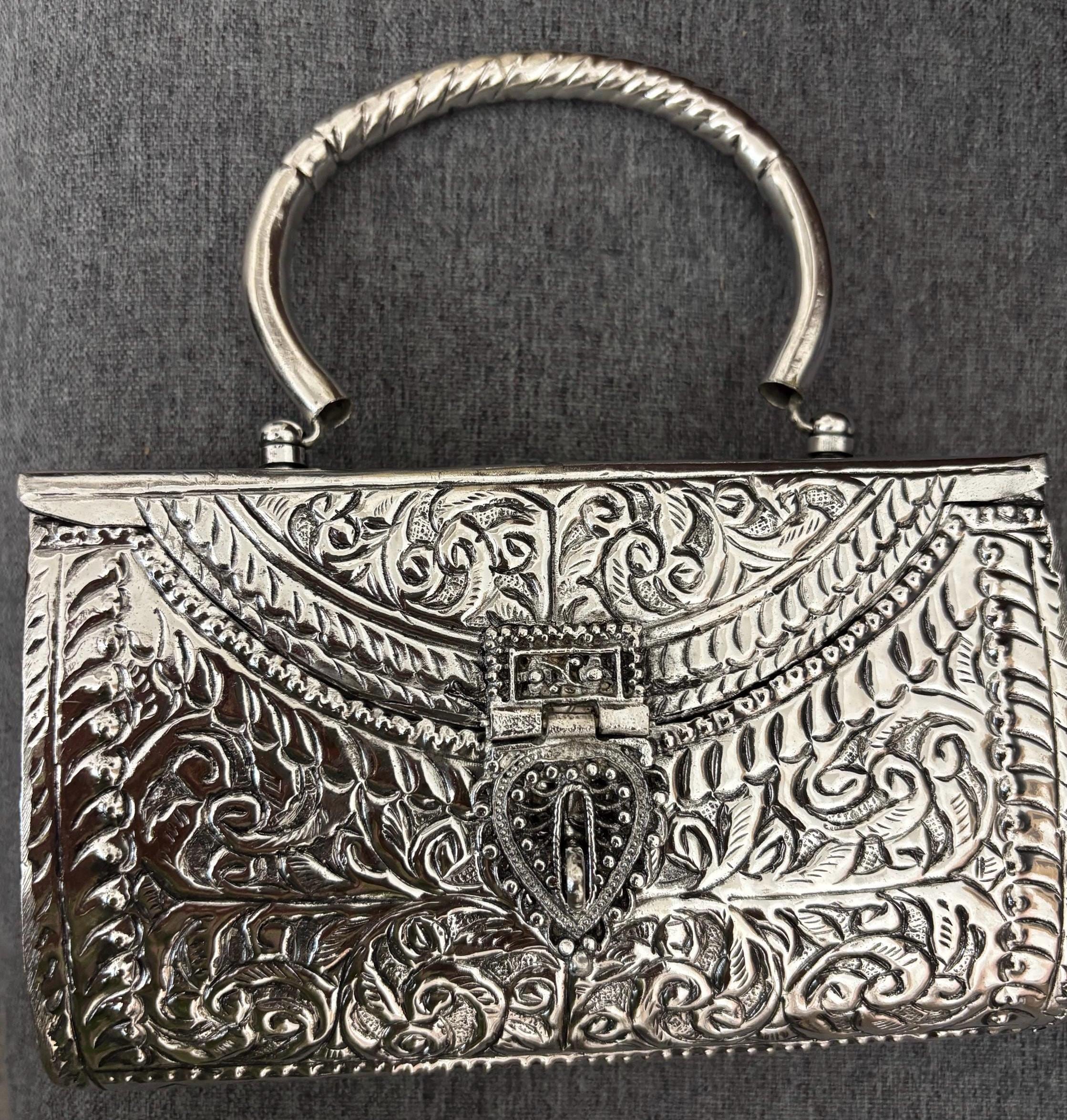 German Silver Embossed Clutch, Indian Ethnic Handbag with Metal Handle