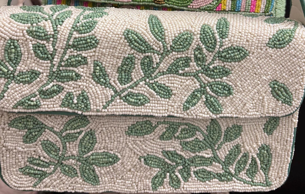 Mint Green Beaded Shoulder Bag, Botanical Leaf Design, Handmade Statement Purse