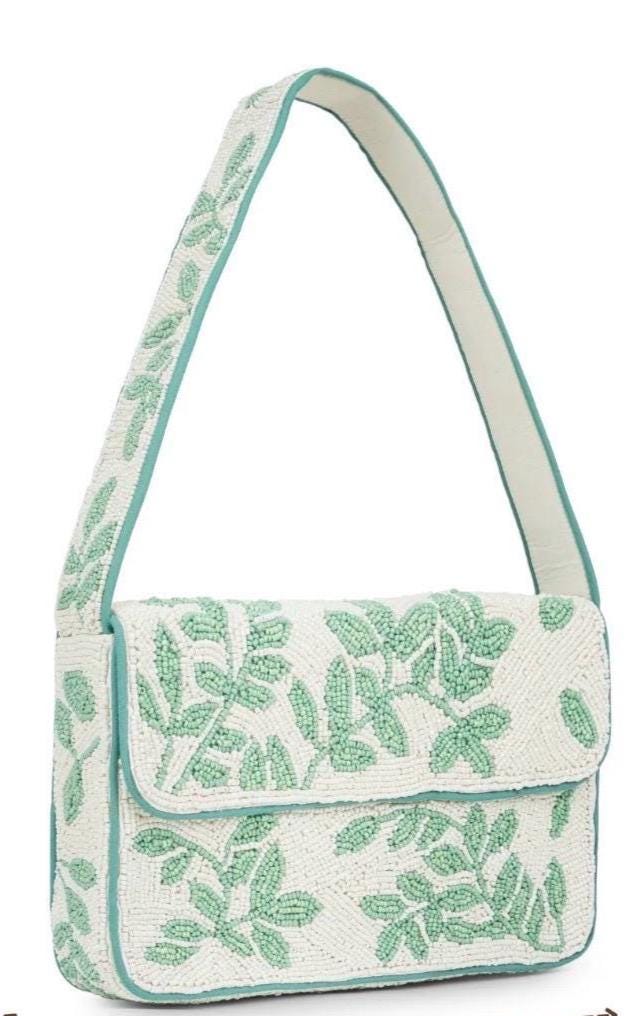 Mint Green Beaded Shoulder Bag, Botanical Leaf Design, Handmade Statement Purse