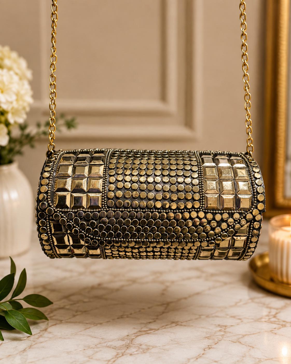 Handmade Round Gold Clutch Bag | Vintage Metal Evening Purse | Indian Bridal Clutch | Gift for Women