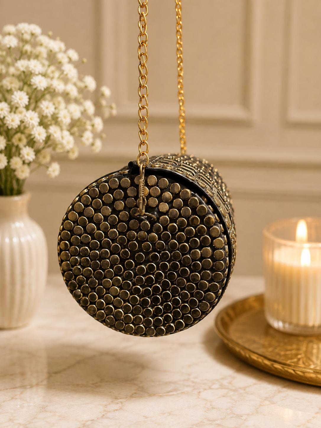 Handmade Round Gold Clutch Bag | Vintage Metal Evening Purse | Indian Bridal Clutch | Gift for Women