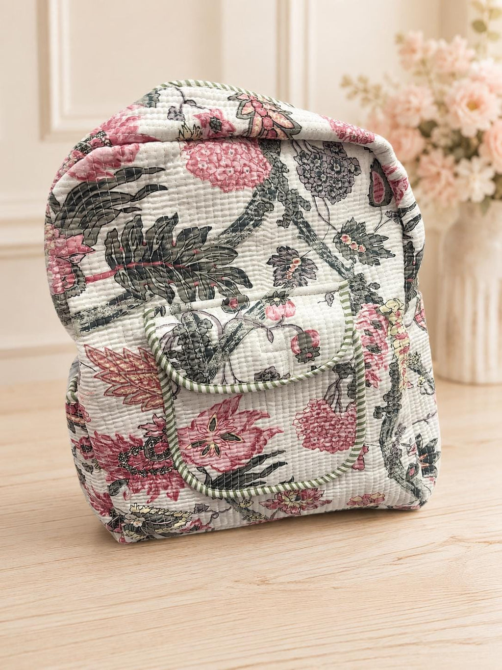 Floral Quilted Cotton Backpack, Boho Travel Daypack, Lightweight Everyday Bag