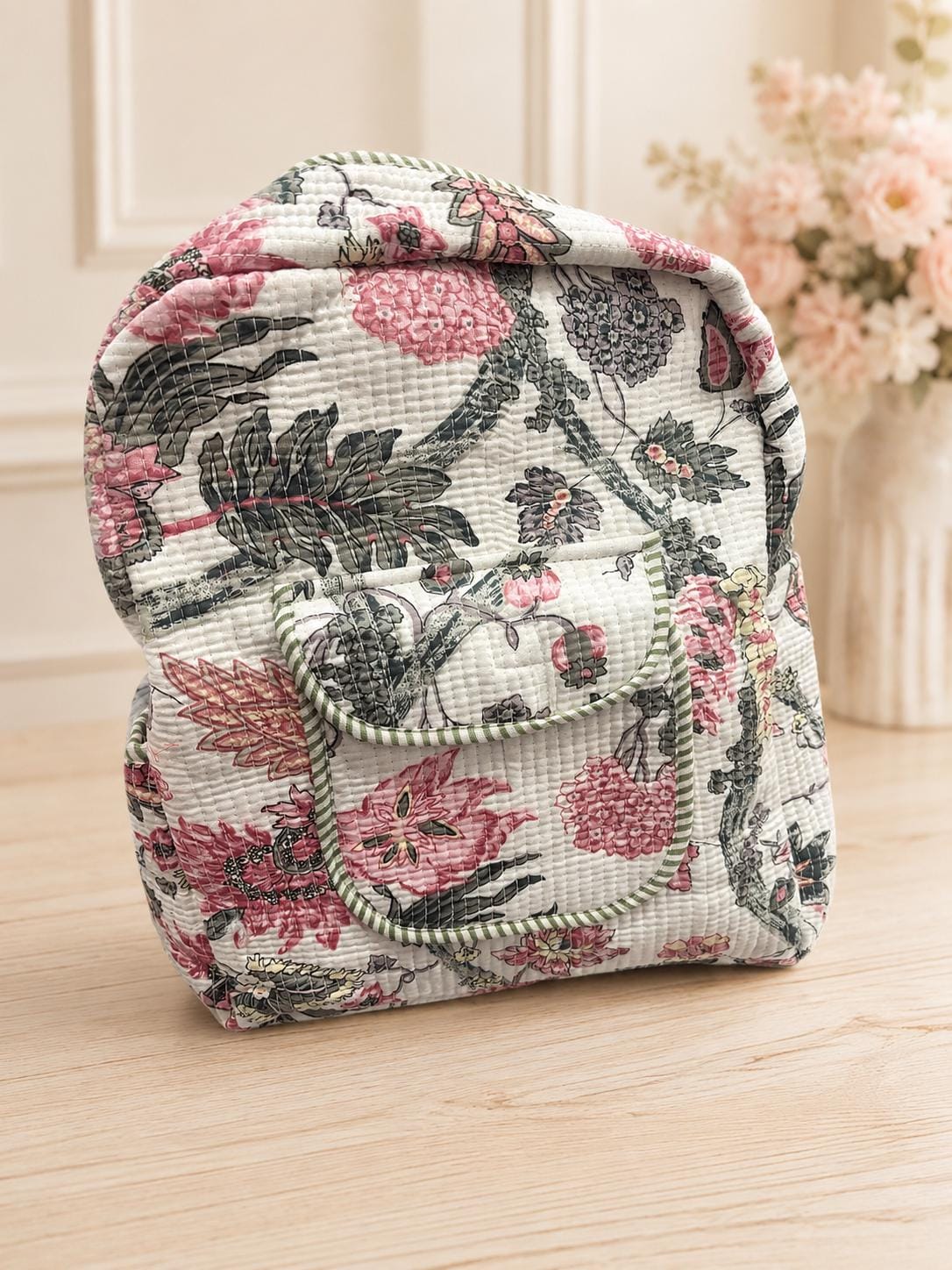 Floral Quilted Cotton Backpack, Boho Travel Daypack, Lightweight Everyday Bag
