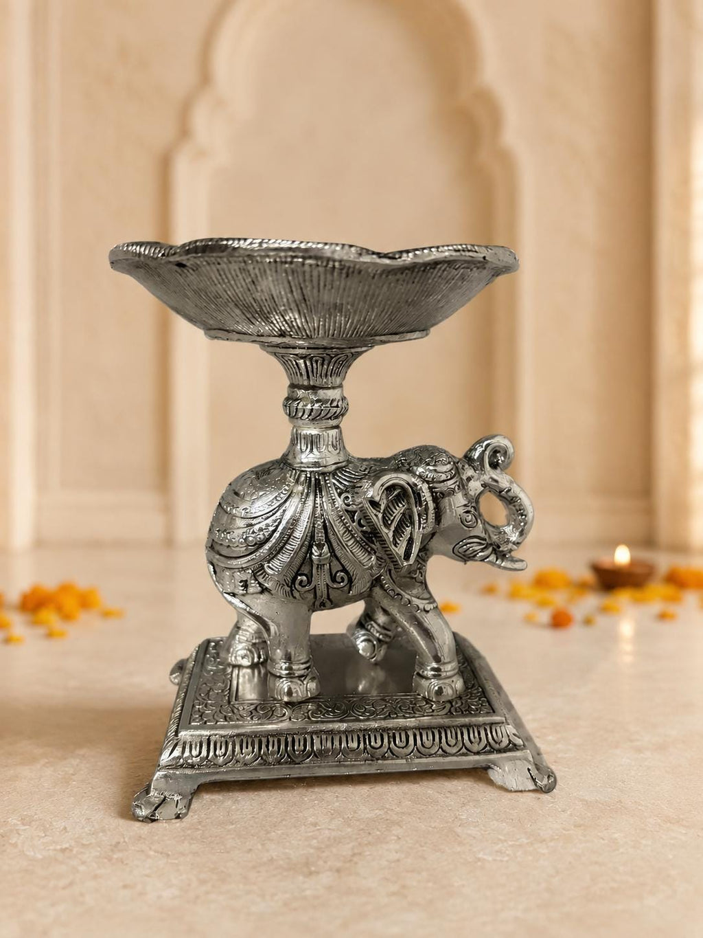 German Silver Elephant Urli leaf Bowl | Handcrafted Embossed Indian Home Decor