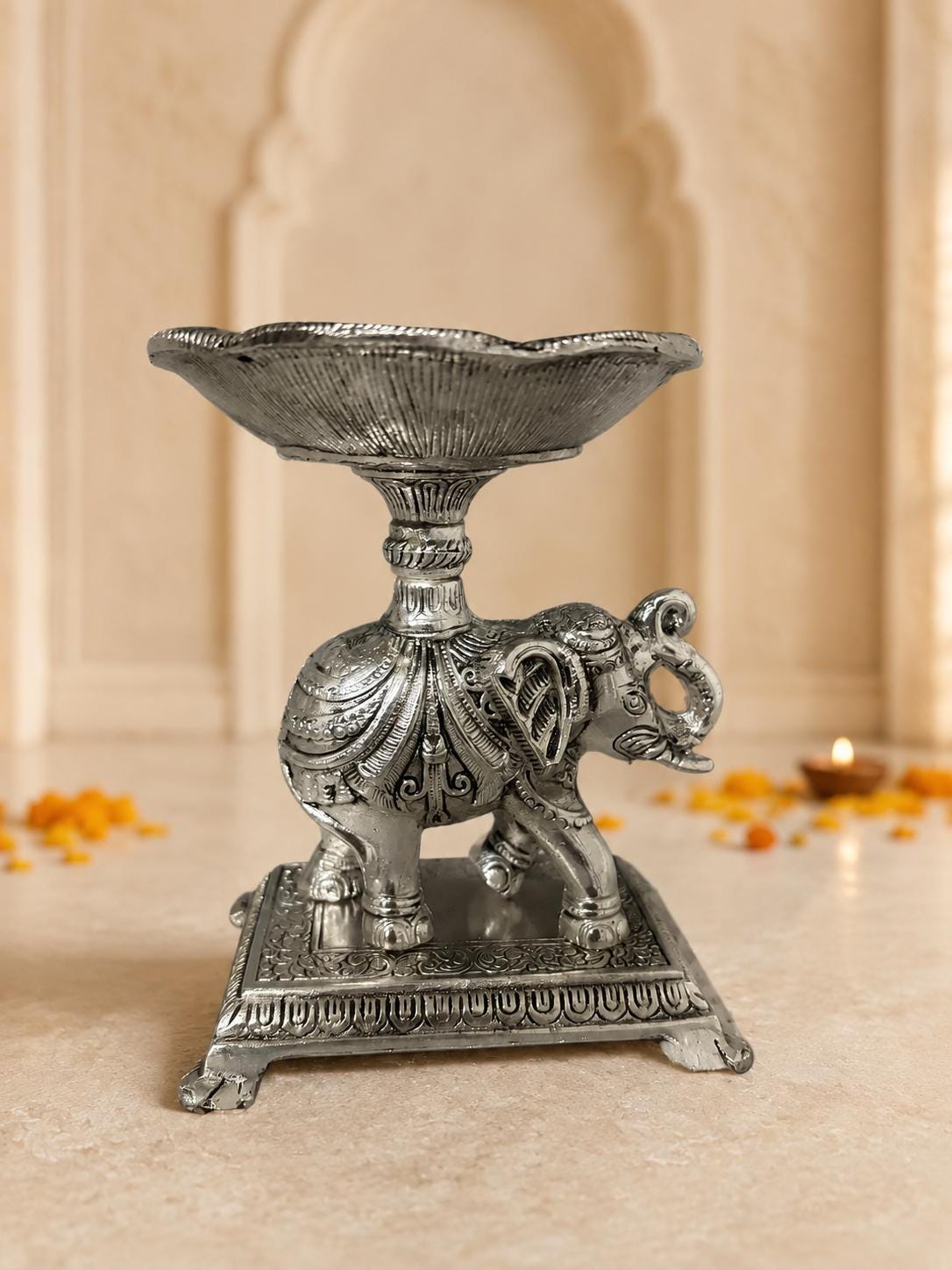German Silver Elephant Urli leaf Bowl | Handcrafted Embossed Indian Home Decor