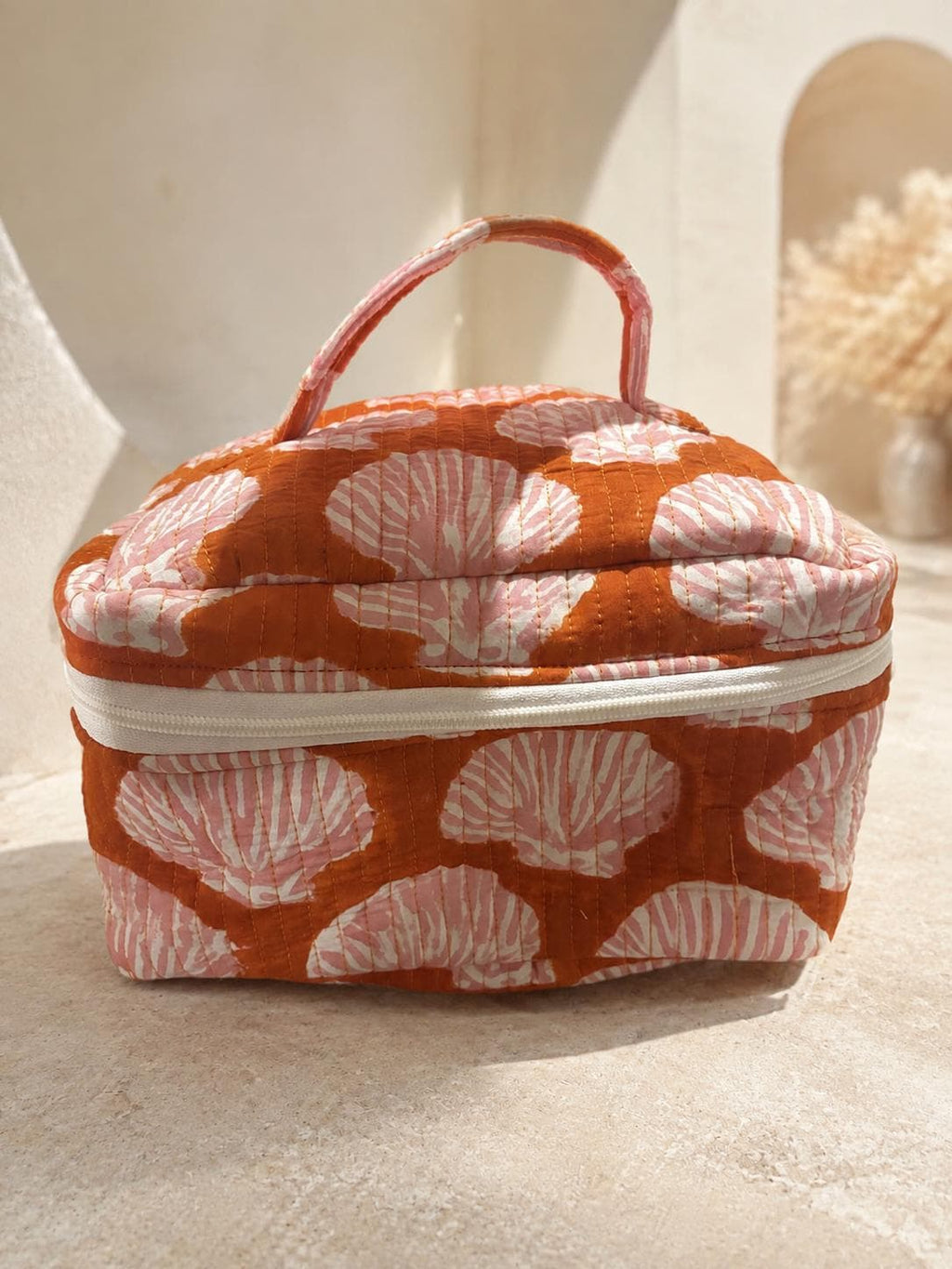 Quilted Cotton Vanity Bag | Makeup Organizer with Handle| Travel Toiletry Case, Cosmetic Storage Bag | Handmade Gift for Women