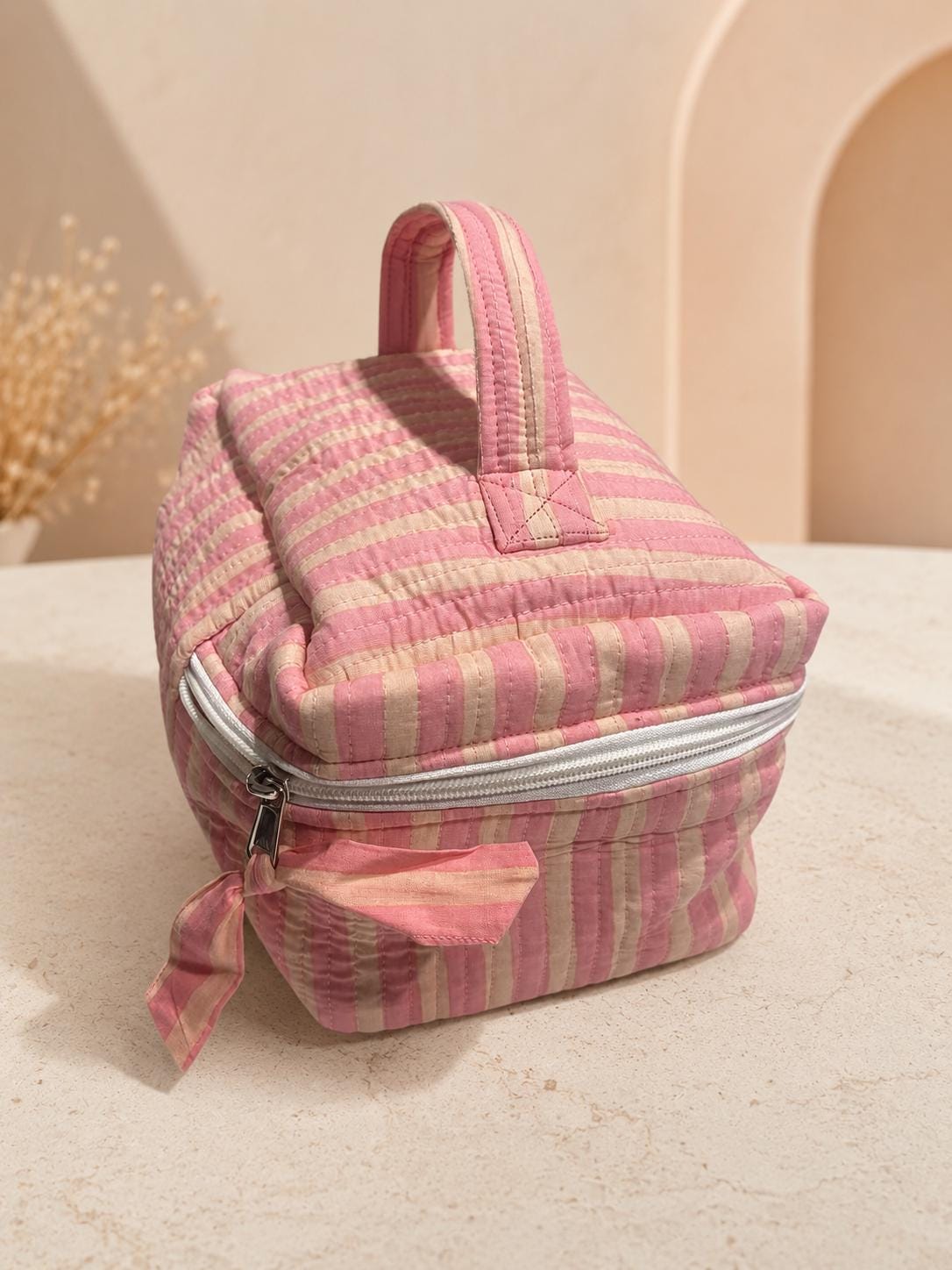 Quilted Cotton Vanity Bag | Makeup Organizer with Handle| Travel Toiletry Case, Cosmetic Storage Bag | Handmade Gift for Women