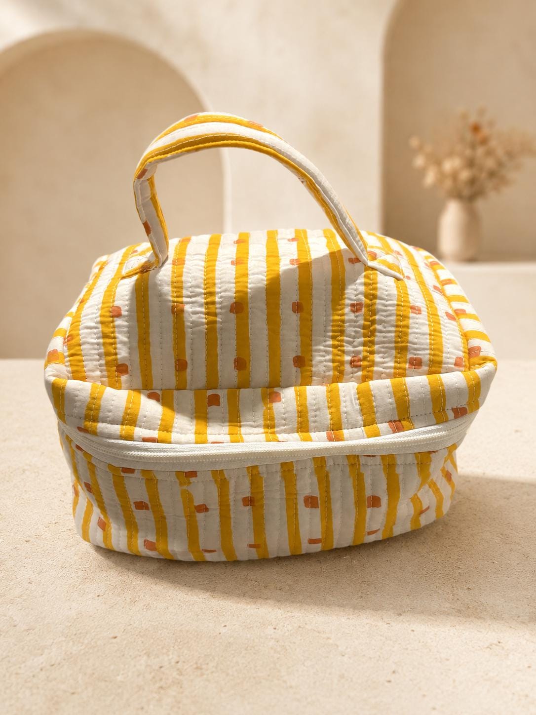 Quilted Cotton Vanity Bag | Makeup Organizer with Handle| Travel Toiletry Case, Cosmetic Storage Bag | Handmade Gift for Women