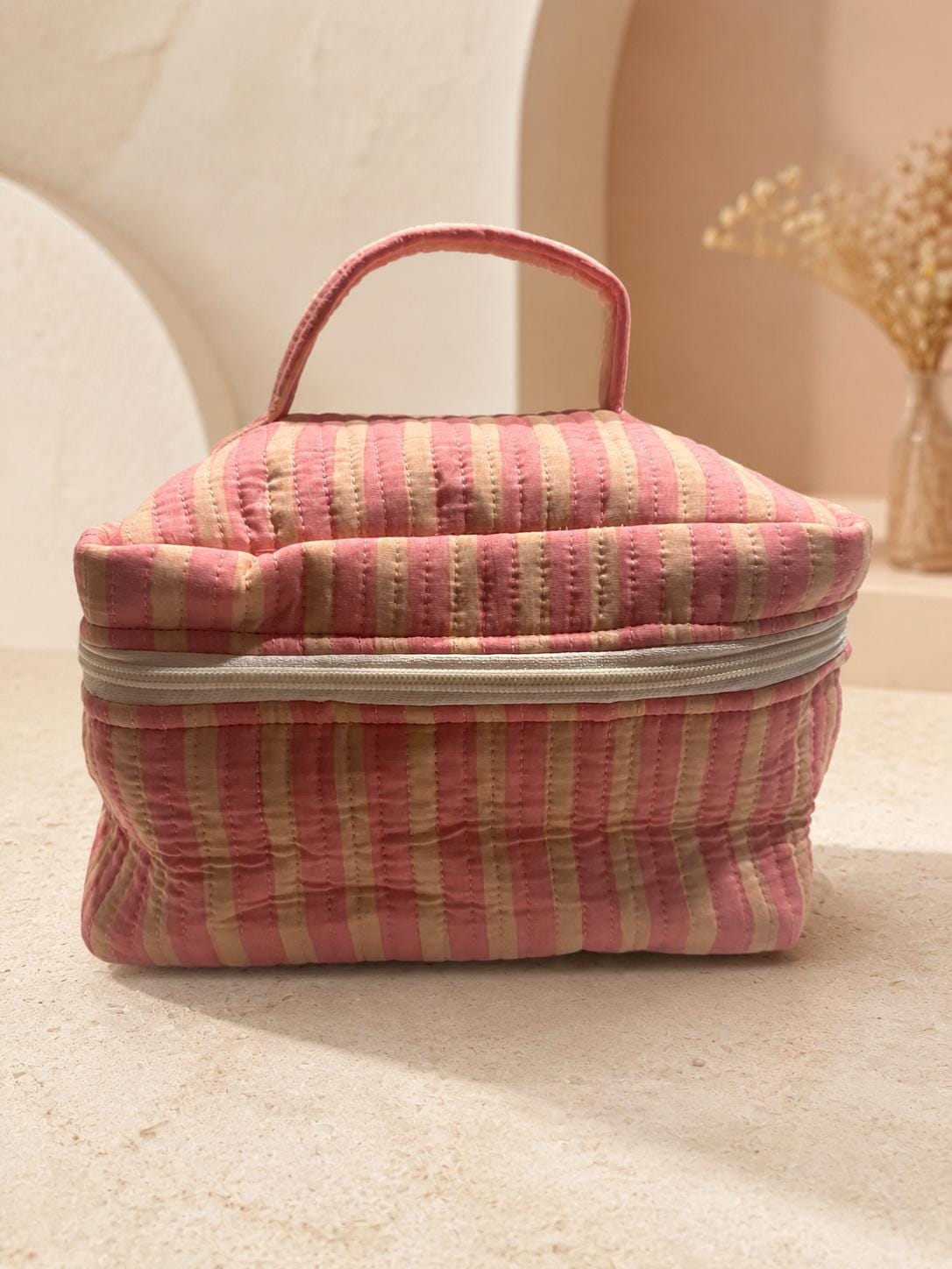 Quilted Cotton Vanity Bag | Makeup Organizer with Handle| Travel Toiletry Case, Cosmetic Storage Bag | Handmade Gift for Women