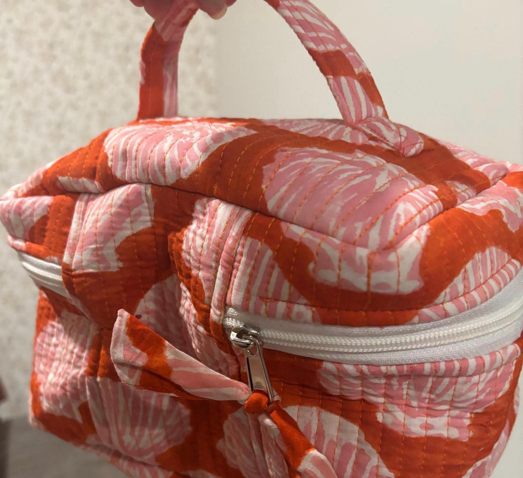 Quilted Cotton Vanity Bag | Makeup Organizer with Handle| Travel Toiletry Case, Cosmetic Storage Bag | Handmade Gift for Women