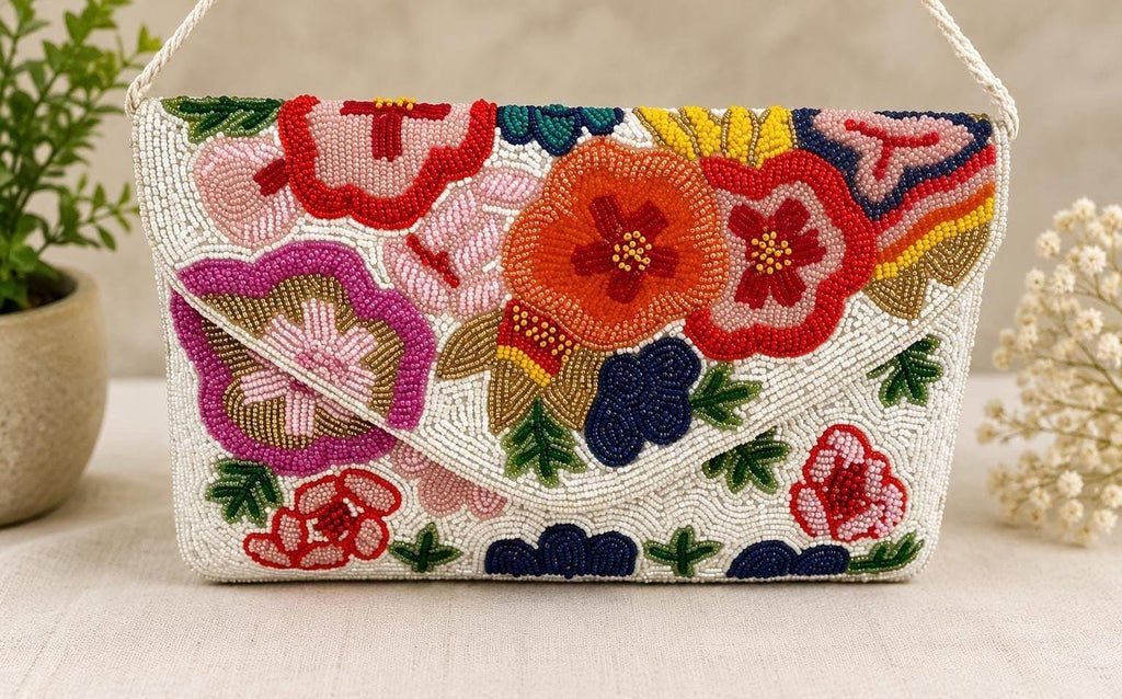 Handmade Floral Beaded Clutch Purse | Bridal Wedding Party Handbag