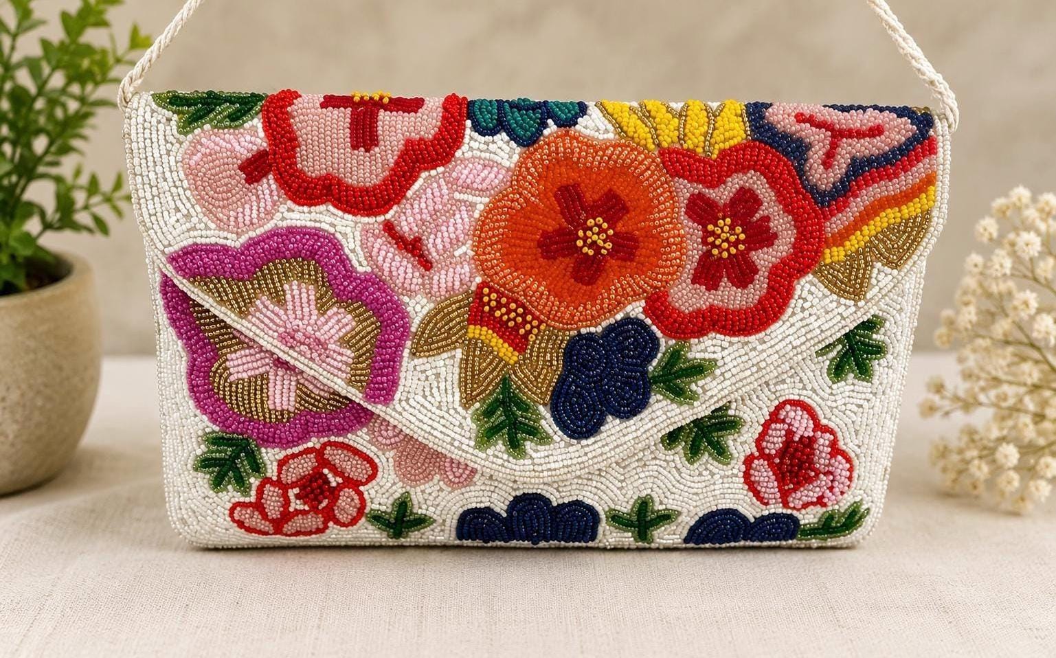 Handmade Floral Beaded Clutch Purse | Bridal Wedding Party Handbag
