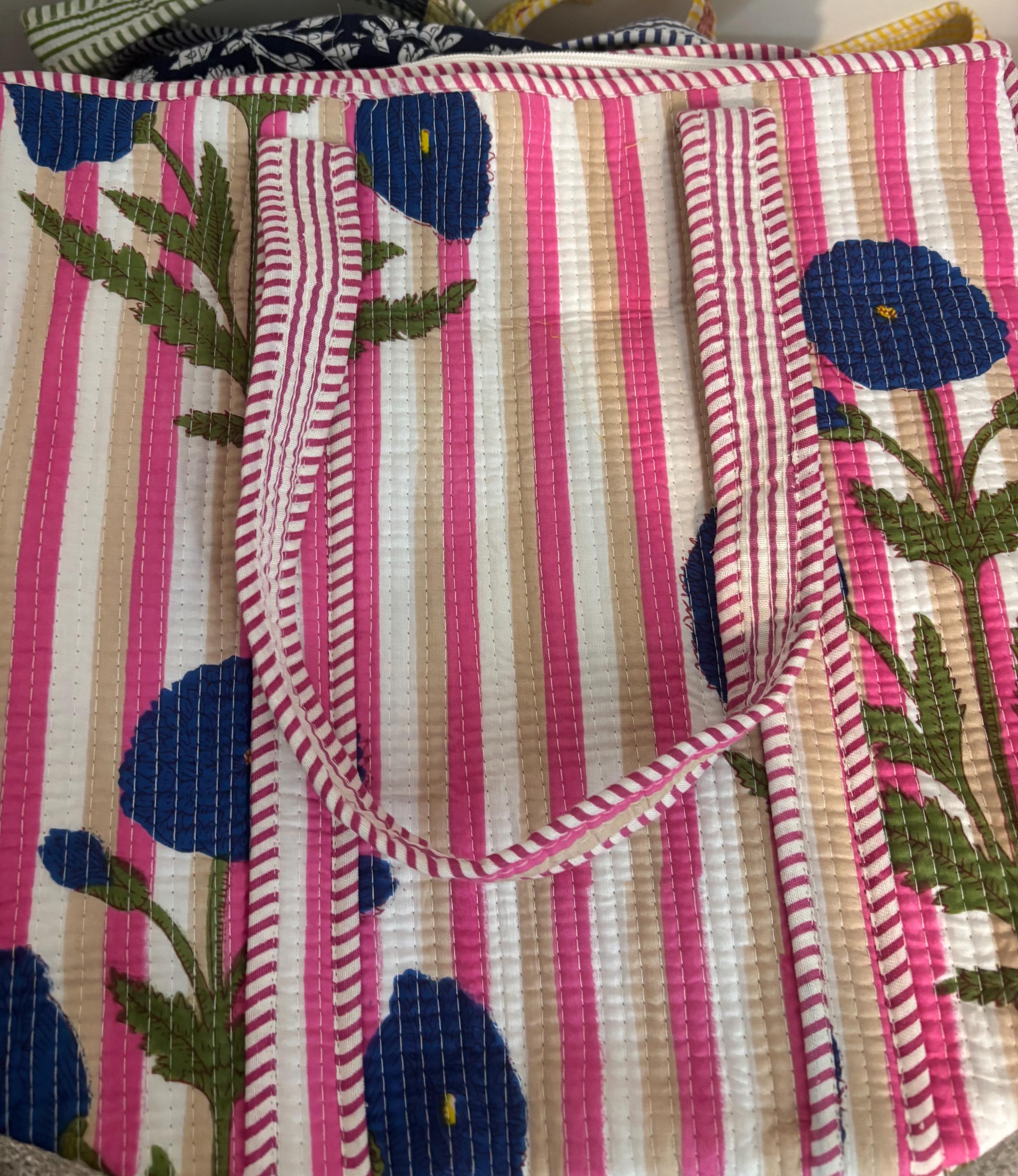 Pink Blue Print Tote Bag | Cotton Quilted, Eco Friendly Everyday Bag