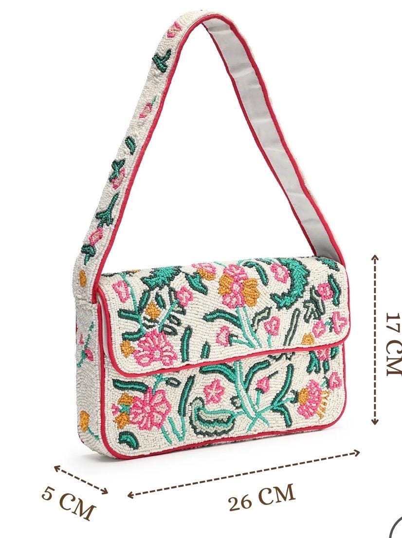 Hand Beaded Floral Shoulder Bag| Pink Green Flower Purse, Beaded Handbag| Statement Bag|Wedding Guest Purse, Gift for Her