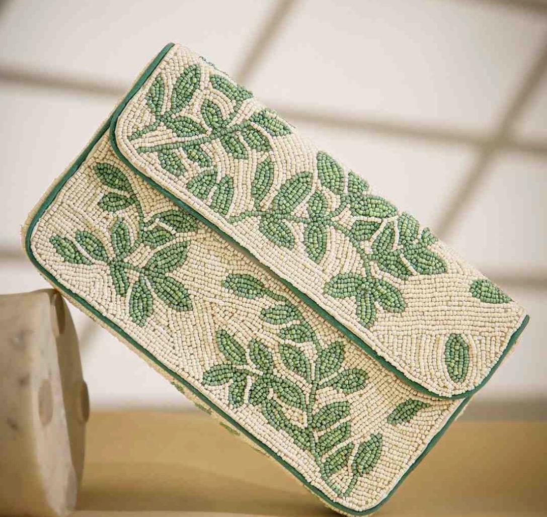 Mint Green Beaded Shoulder Bag, Botanical Leaf Design, Handmade Statement Purse