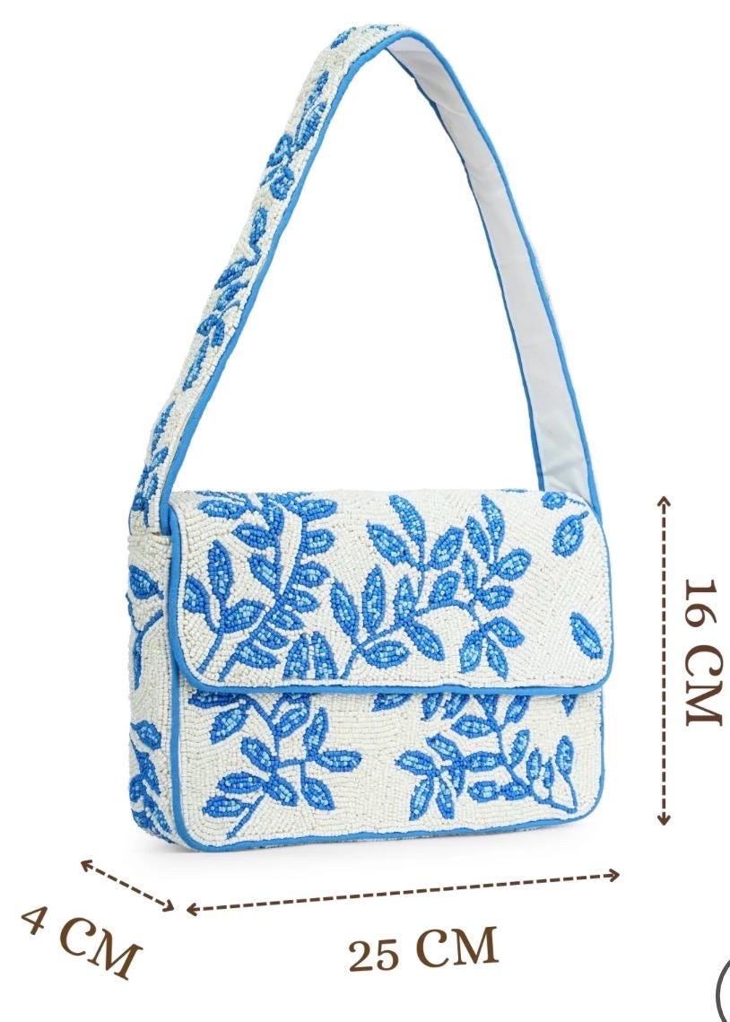 Blue Ivory Beaded Shoulder Bag, Botanical Leaf Design, Handmade Statement Purse