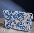 Blue Ivory Beaded Shoulder Bag, Botanical Leaf Design, Handmade Statement Purse
