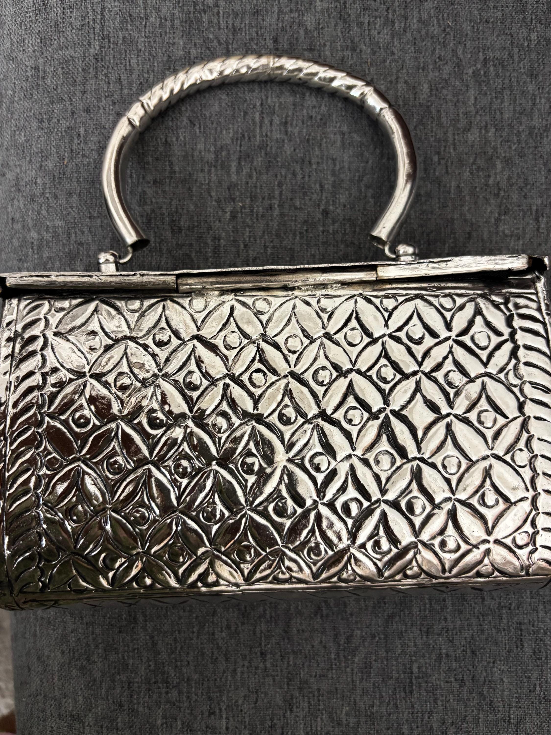 German Silver Embossed Clutch, Indian Ethnic Handbag with Metal Handle