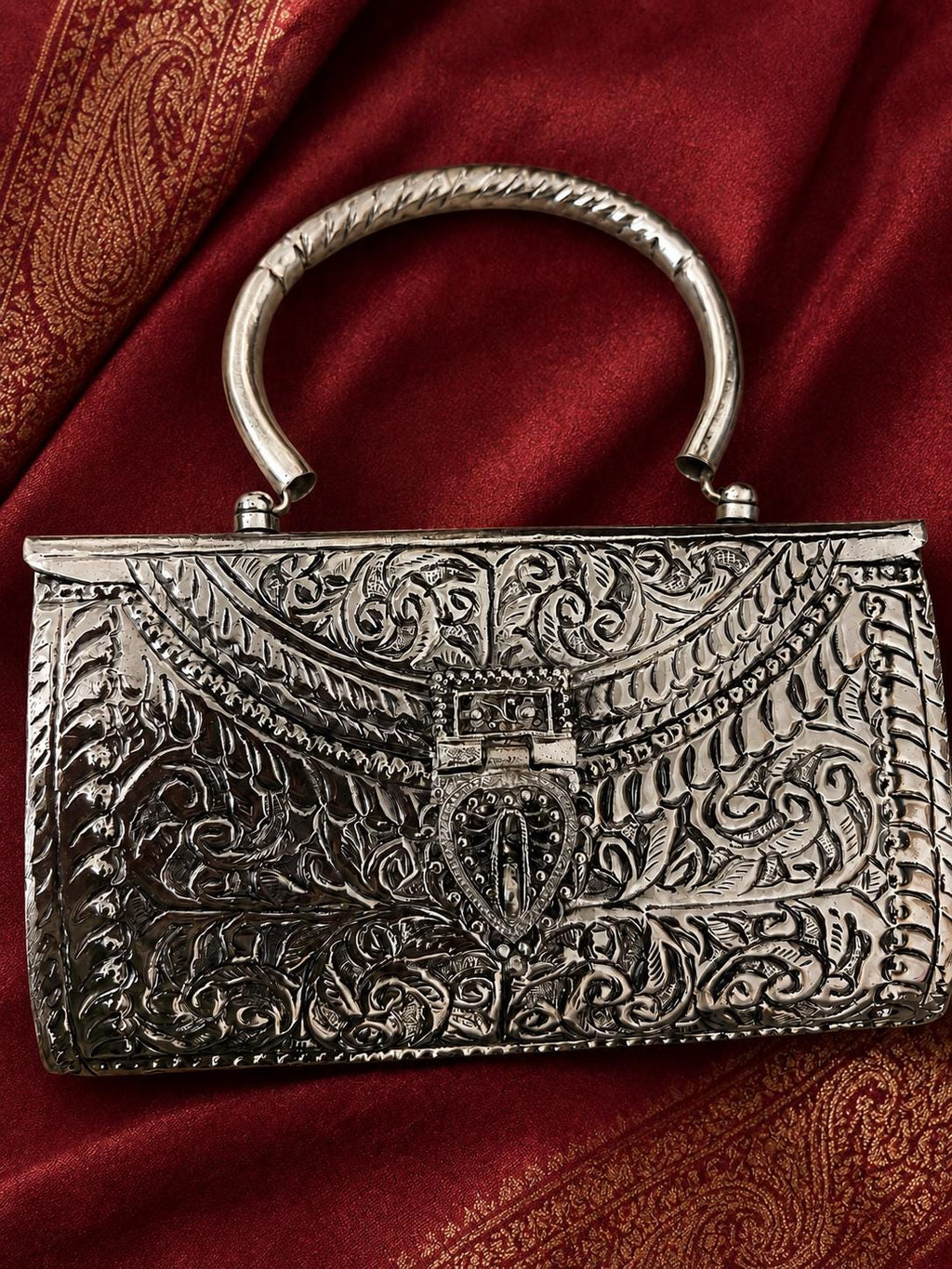 German Silver Embossed Clutch, Indian Ethnic Handbag with Metal Handle