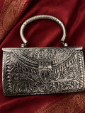 German Silver Embossed Clutch, Indian Ethnic Handbag with Metal Handle