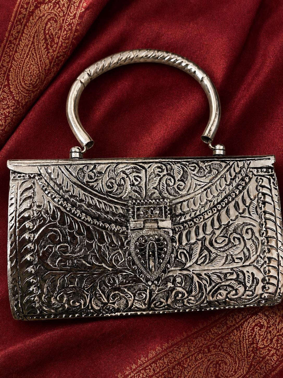 German Silver Embossed Clutch, Indian Ethnic Handbag with Metal Handle