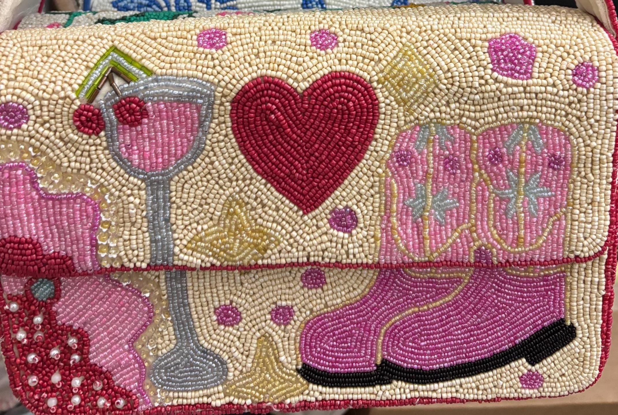 Beaded Shoulder Bag | Cocktail, Cowboy Boots, Heart Design | Glass Seed Beads Purse