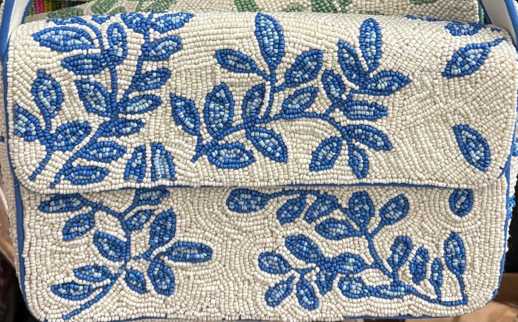 Blue Ivory Beaded Shoulder Bag, Botanical Leaf Design, Handmade Statement Purse