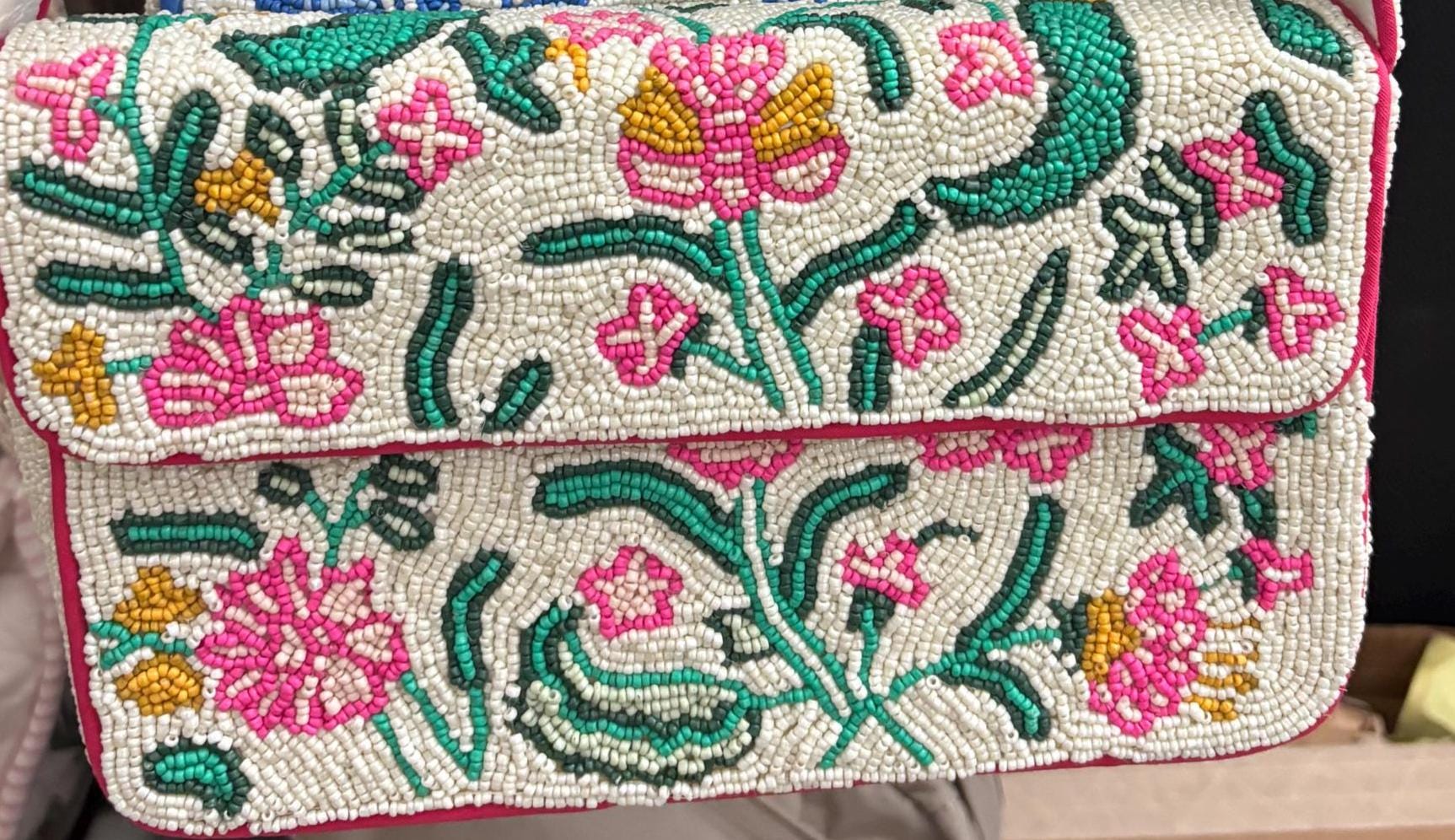 Hand Beaded Floral Shoulder Bag| Pink Green Flower Purse, Beaded Handbag| Statement Bag|Wedding Guest Purse, Gift for Her