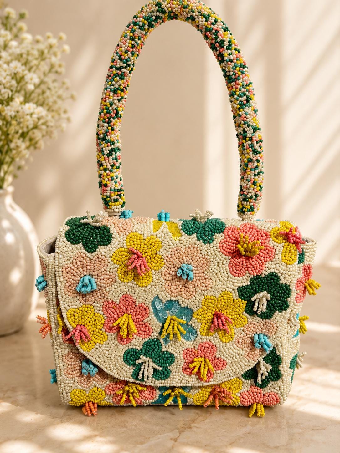 Colorful Floral Handmade Beaded Shoulder Bag | 3D Flower Seed Bead Purse | Statement Handbag | Cute Spring & Summer Bag | Gift for Her