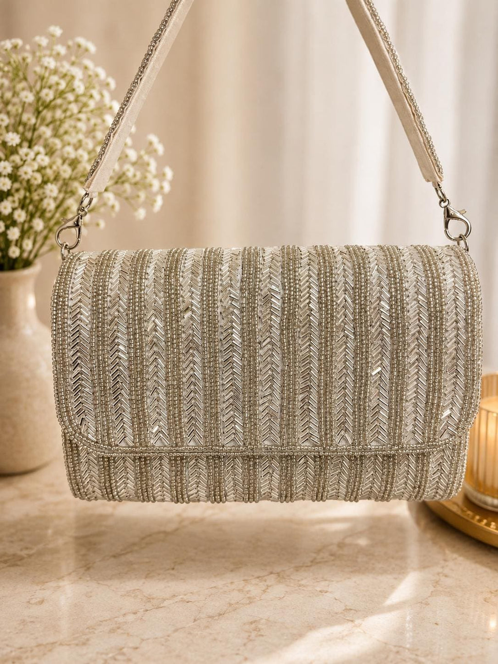 Silver Beaded Evening Clutch Bag | Handmade Bridal Clutch Bag | Sequin Party Purse | Wedding Handbag | Cocktail & Formal Evening Bag