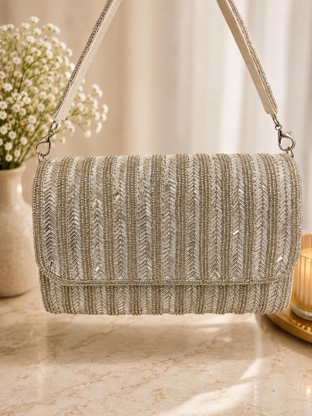 Silver Beaded Evening Clutch Bag | Handmade Bridal Clutch Bag | Sequin Party Purse | Wedding Handbag | Cocktail & Formal Evening Bag